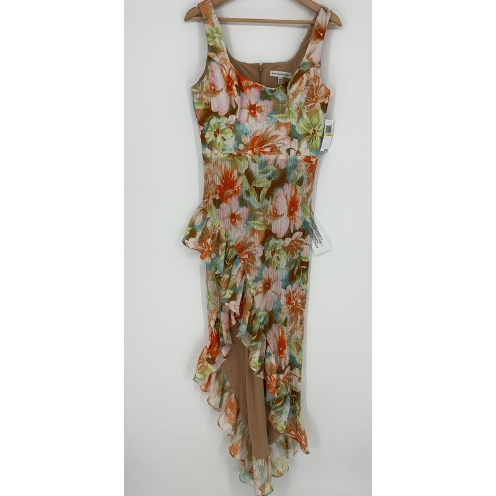 Dress the Population Floral High-Low Ruffled Dress in Green, Orange, Pink